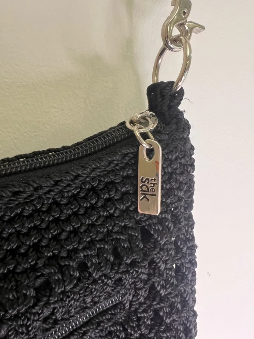 The Sak Black Crochet Shoulder Bag Boho Knit Purse Zip Pocket